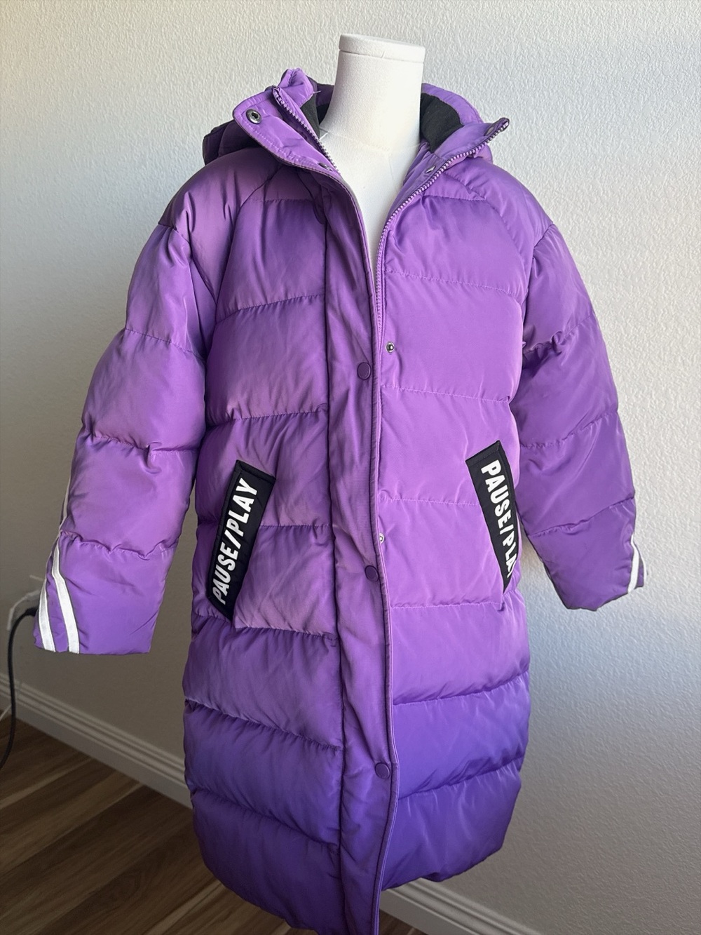 Girls large long down puffer coat Purple